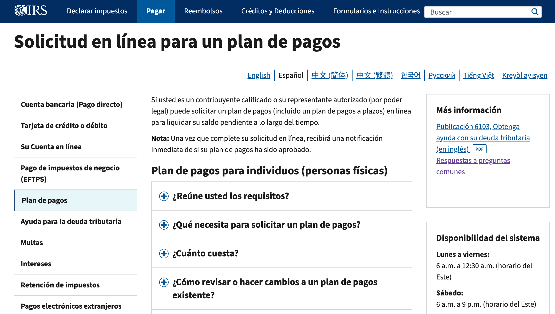 Planes de pago del IRS