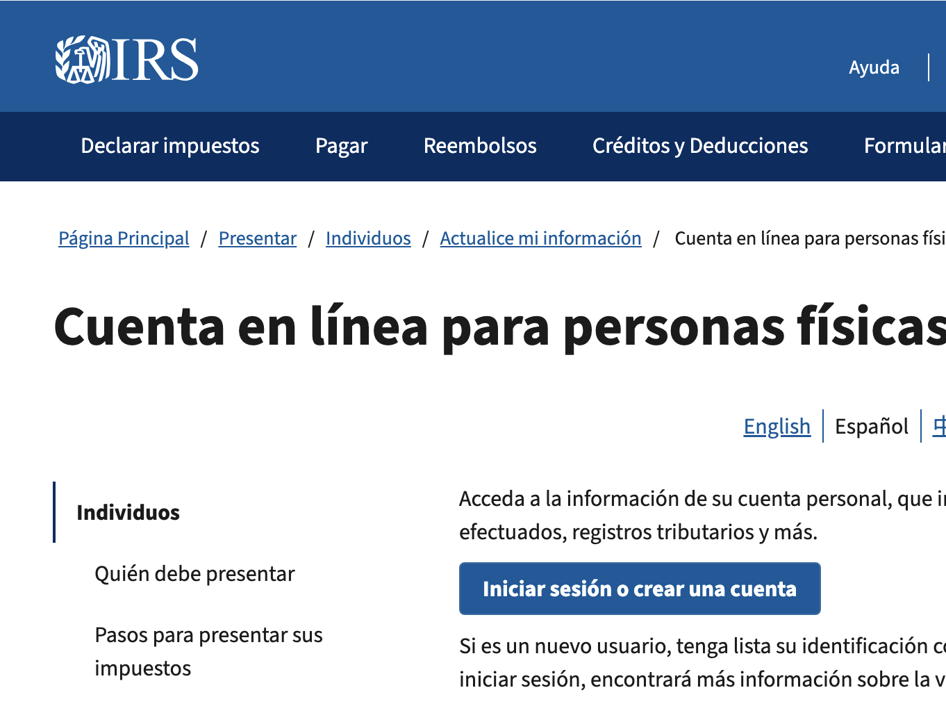 Página de inicio del IRS