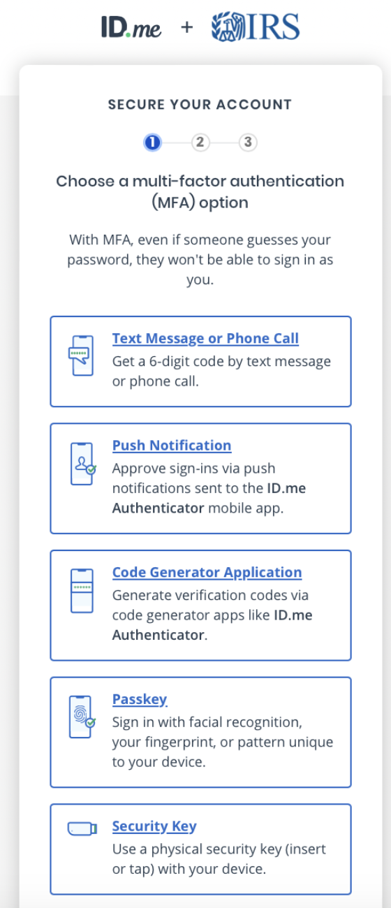 Página de verificación multi-factor de ID.me